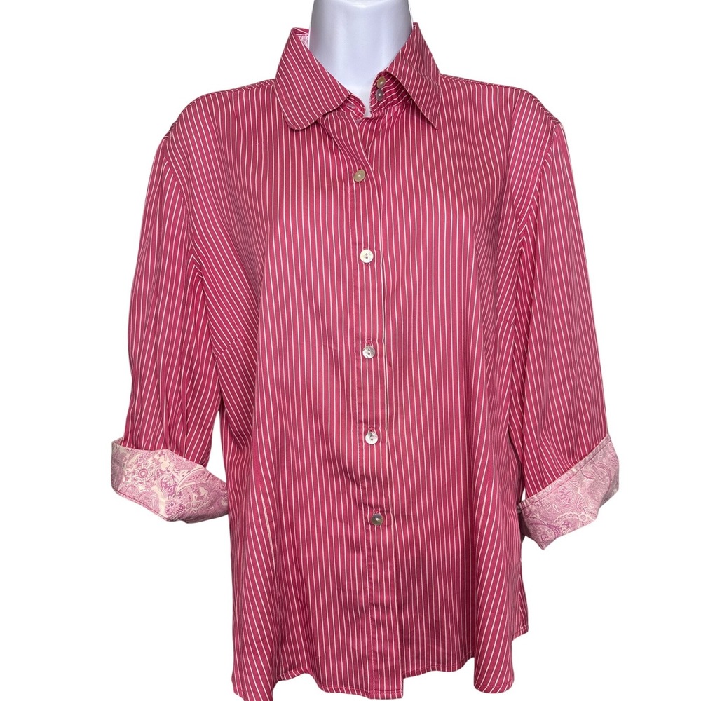 CHICO'S Womens Pink Striped Paisley Flip Cuff Button Up‎ Shirt Size 1 Medium